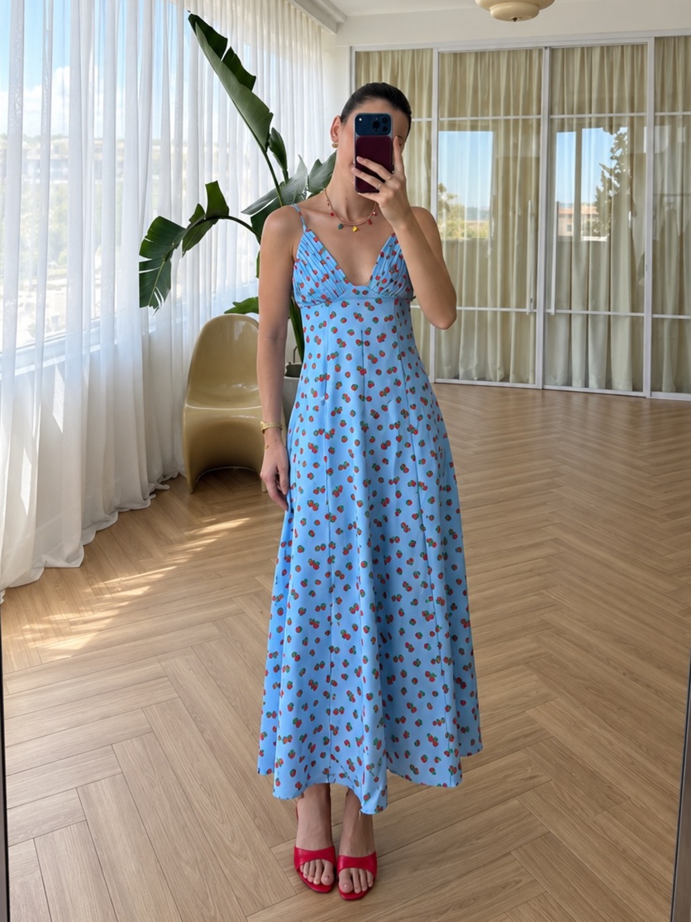 ZARA BNWT STRAWBERRY PRINT POPLIN MIDI DRESS. SKY BLUE 2934/388/403